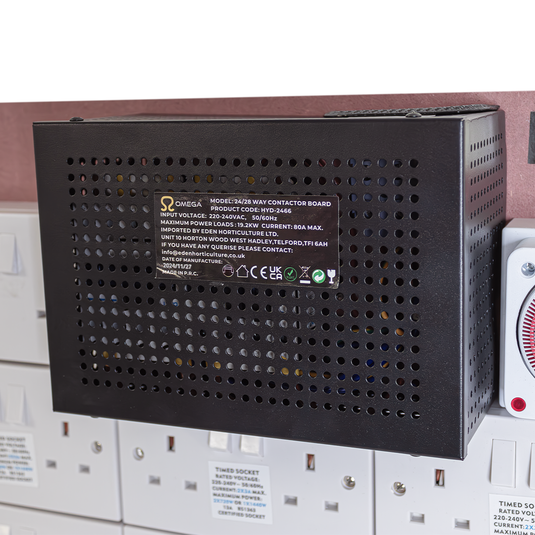 Back view of contactor board with dark perforated panel and certification labels