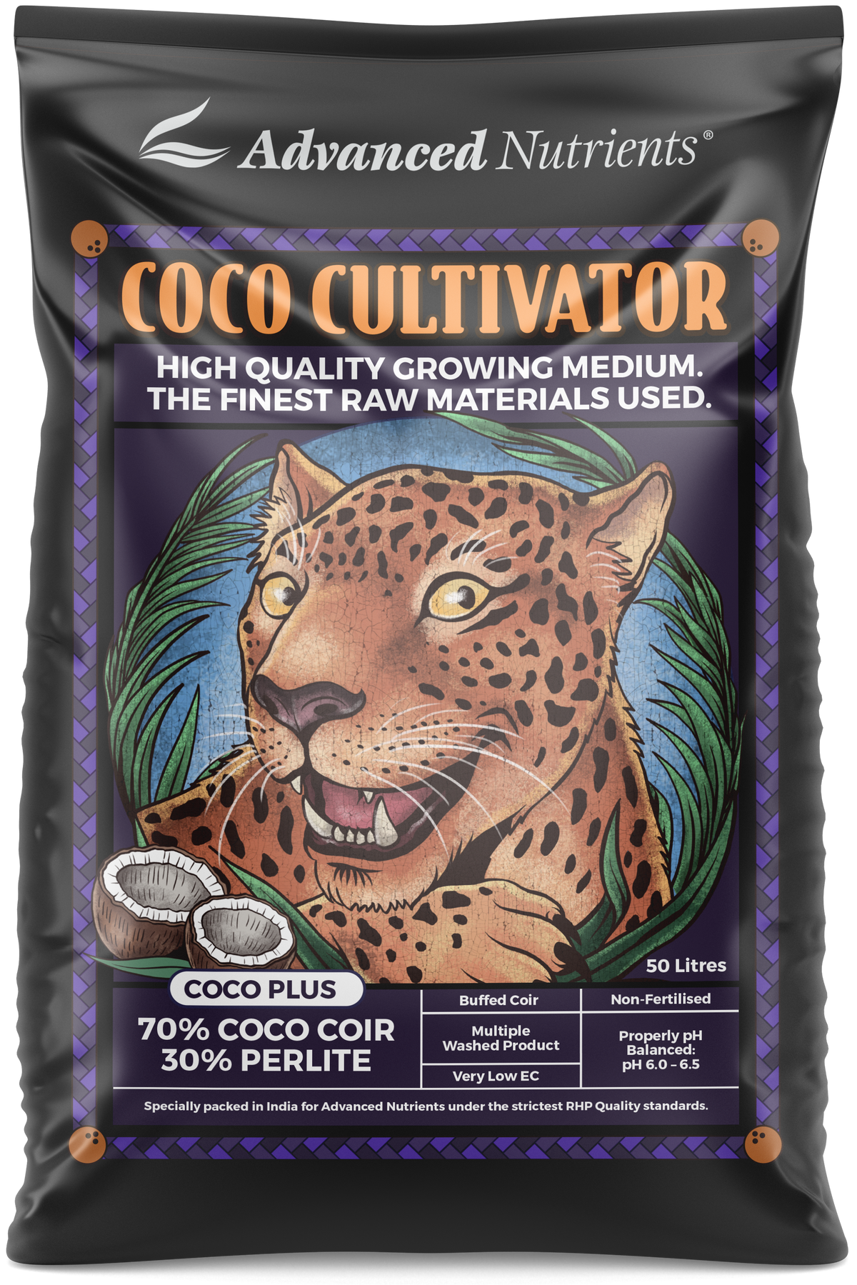 Advanced Nutrients Coco Plus growing medium bag, black with Coco Cultivator label