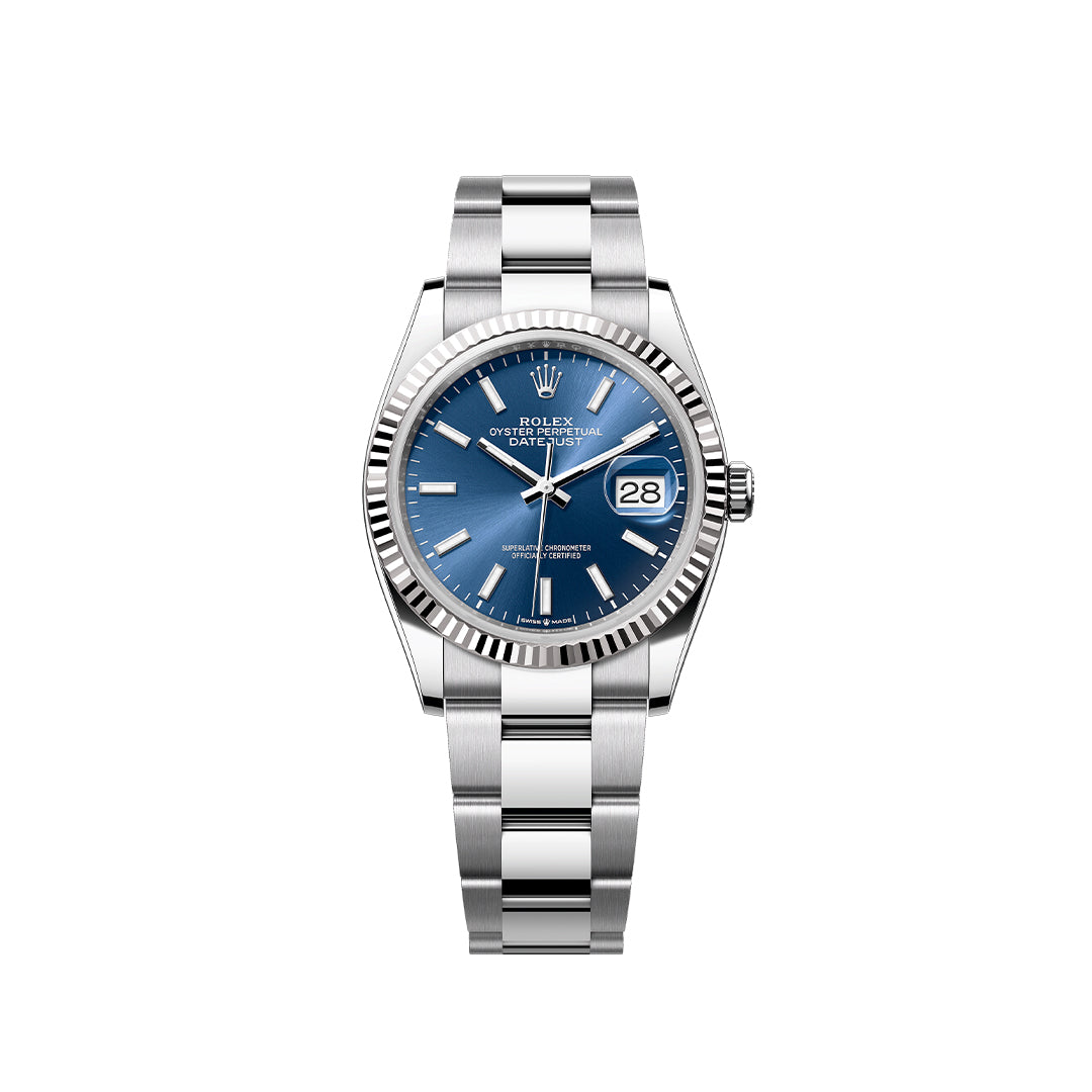 Rolex Datejust stainless steel wristwatch with blue dial and date window