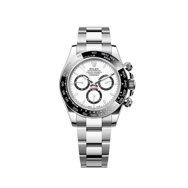 Rolex Cosmograph Daytona stainless steel watch with white chronograph dial, three subdials