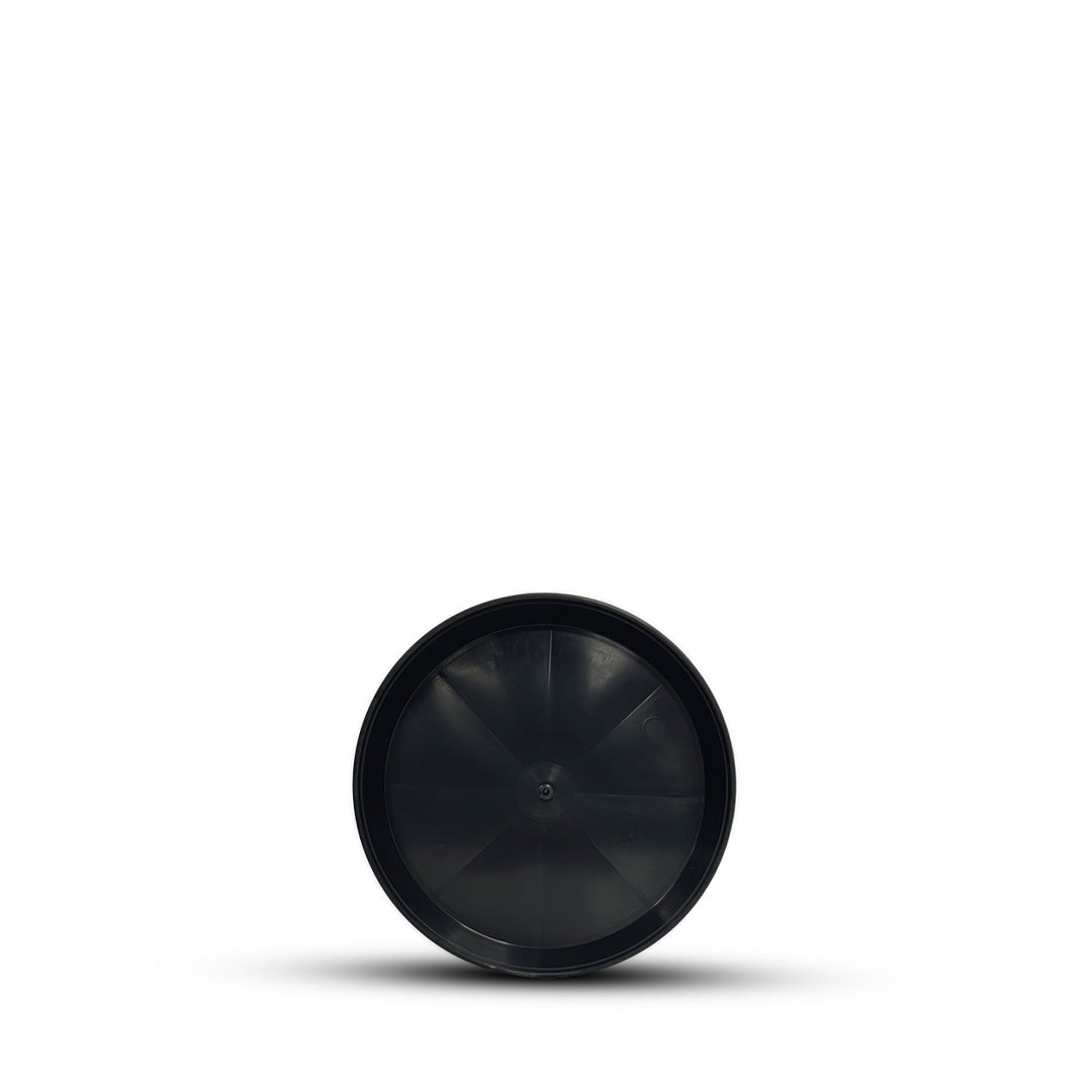 Deep round pot saucer, black plastic with radial ribs and center fastener