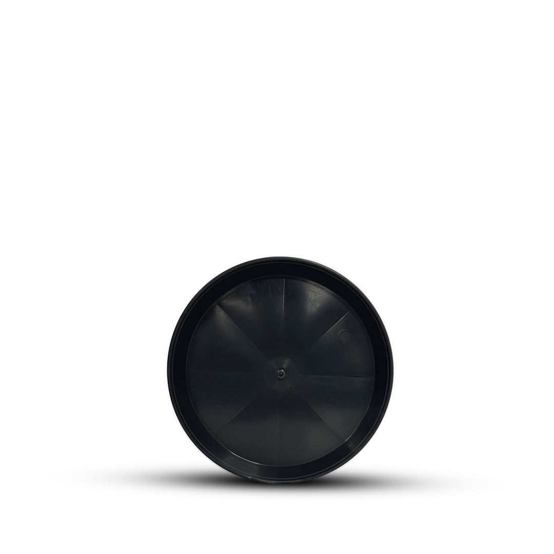 Deep round pot saucer, black plastic with radial pattern and circular center cap
