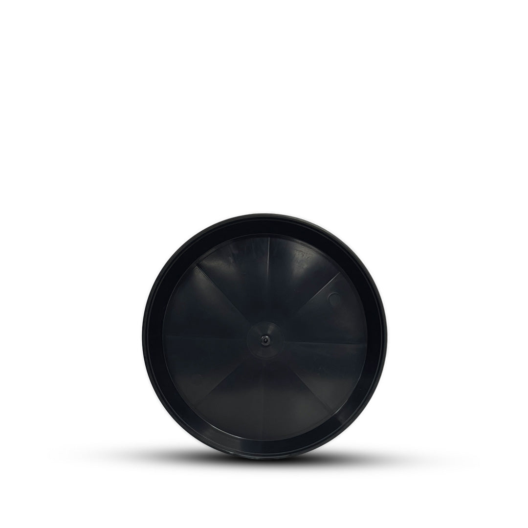 Deep round pot saucer, black plastic disk with radial grooves and center fastener