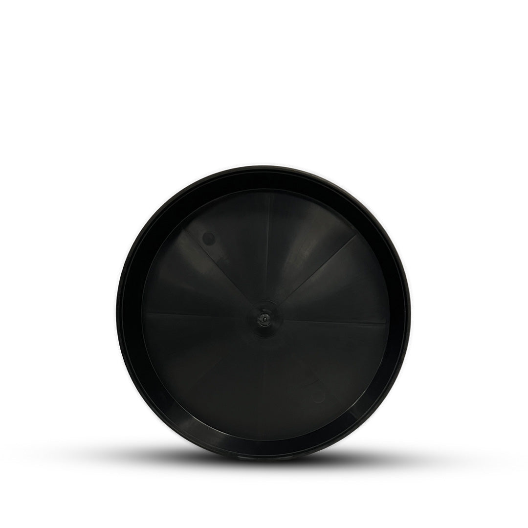 Deep round pot saucer, black plastic with glossy rim and radial grooves