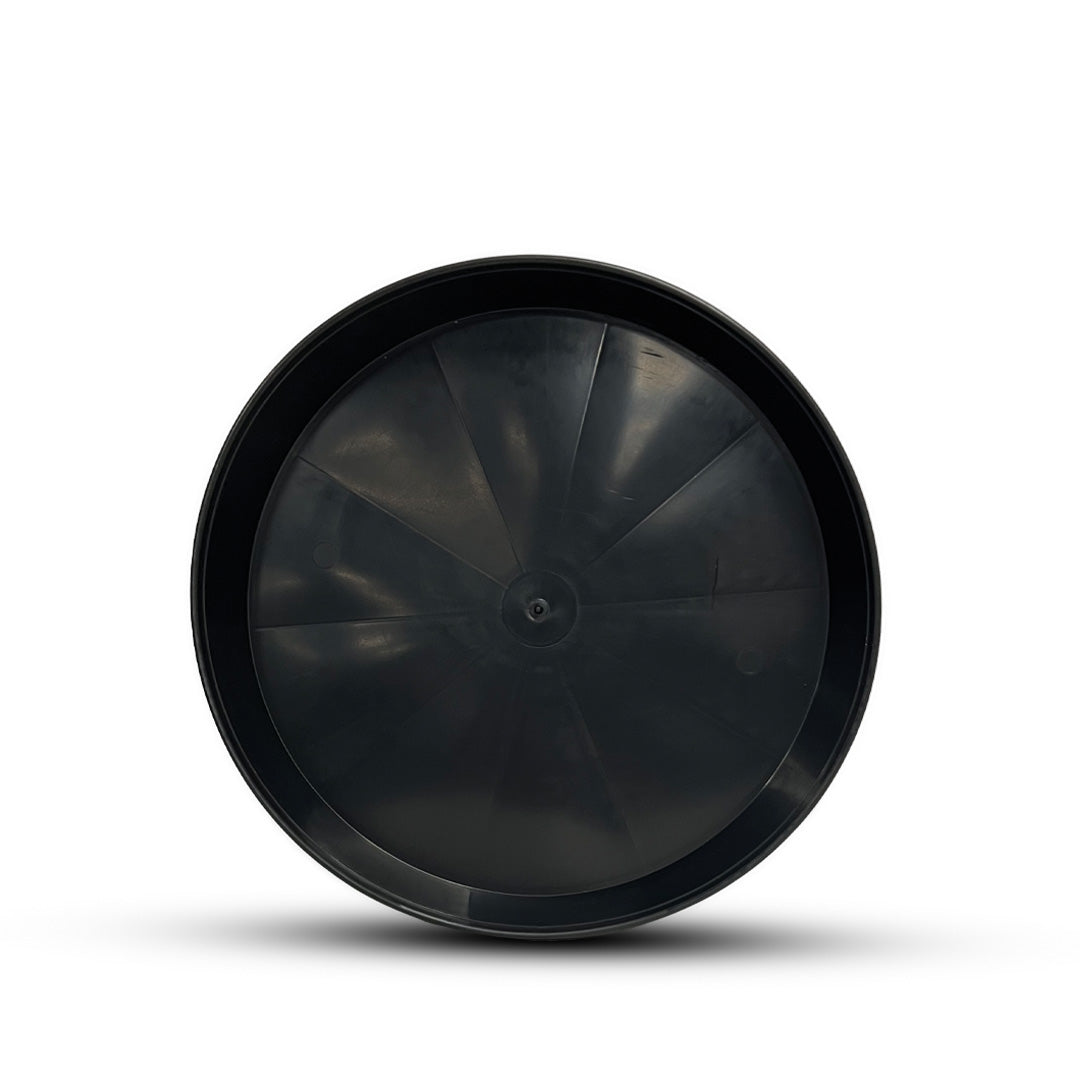 Deep round pot saucer, black plastic with radial ribs and smooth outer rim