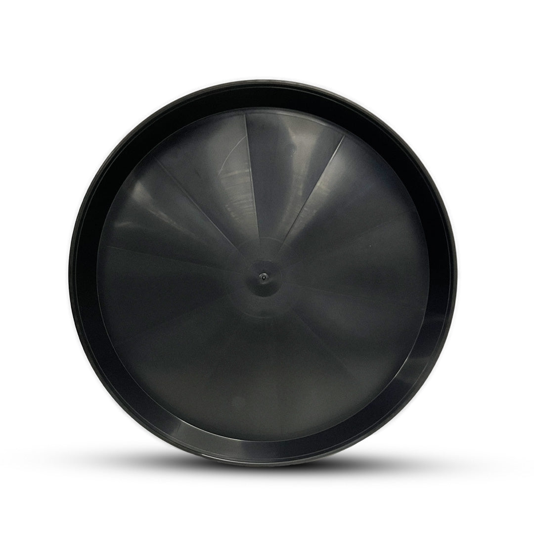 Deep round pot saucer, black plastic with radial wheel-like lines and center cap