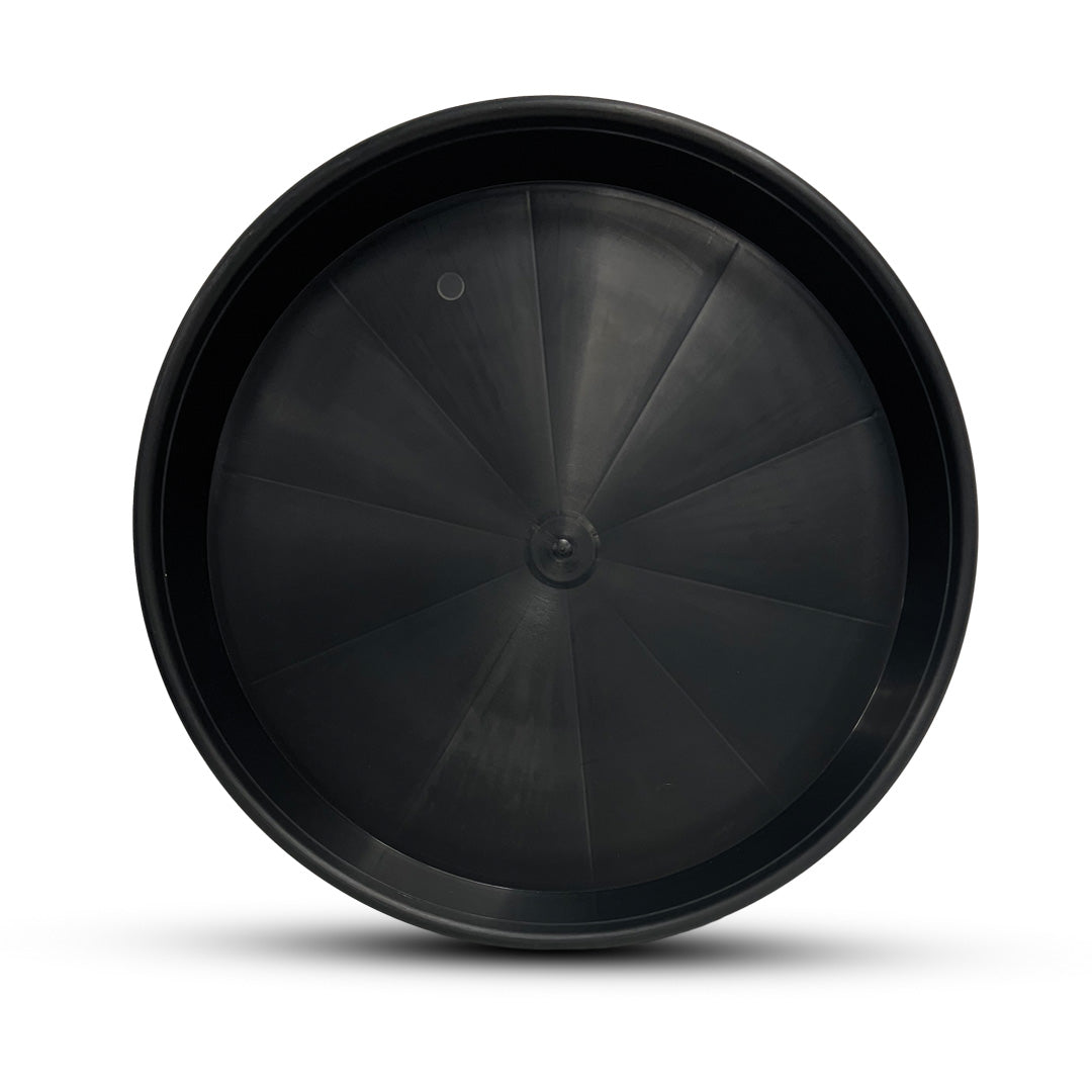 Deep round pot saucer, black plastic disk with radial ribs and small center hole