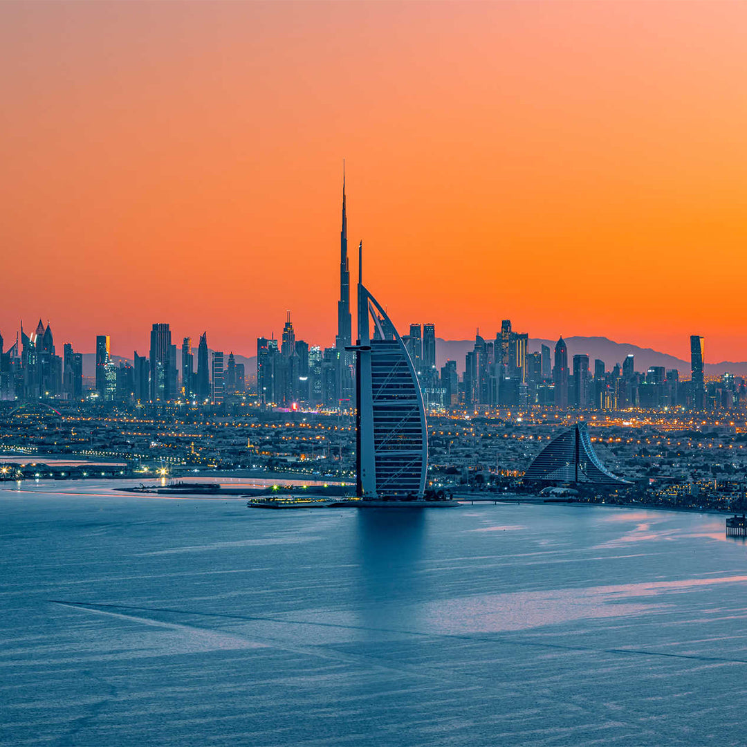 City skyline photo print with sailboat at dusk