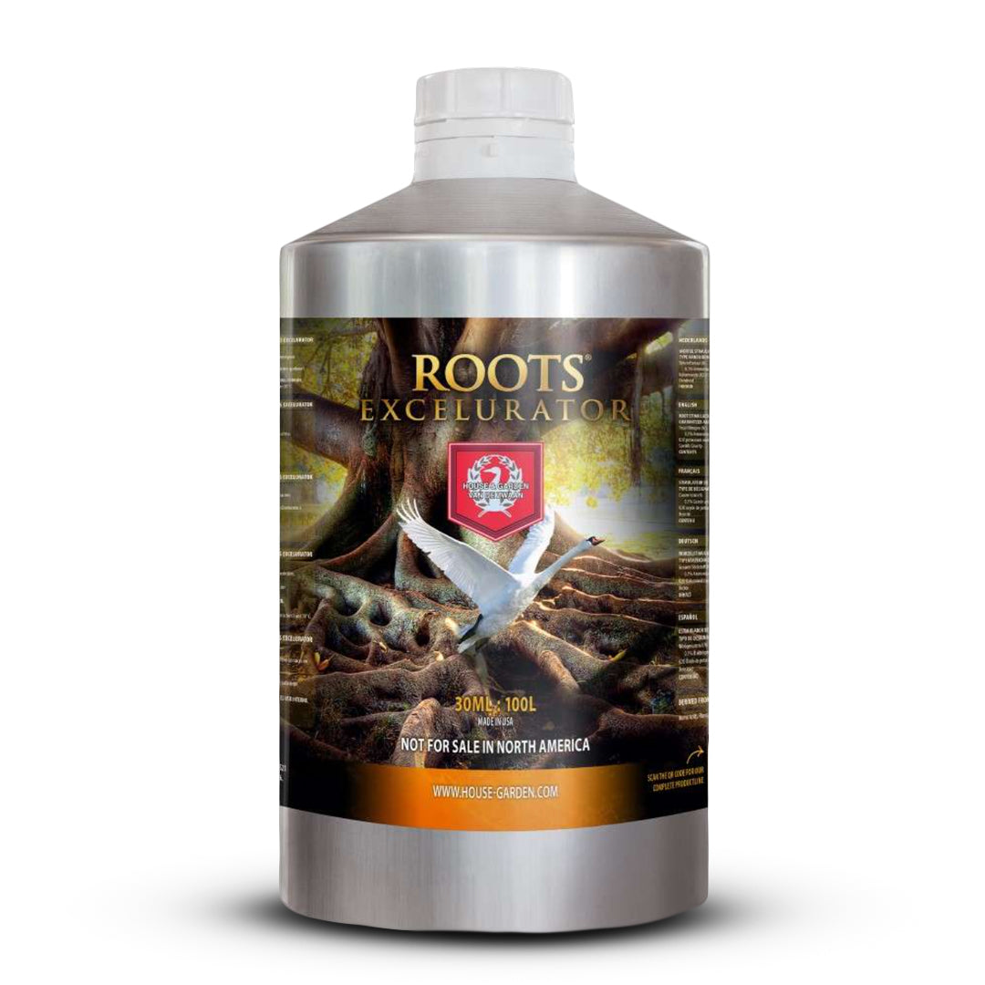 Roots Excelurator root solution bottle with white cap; back label with usage info.