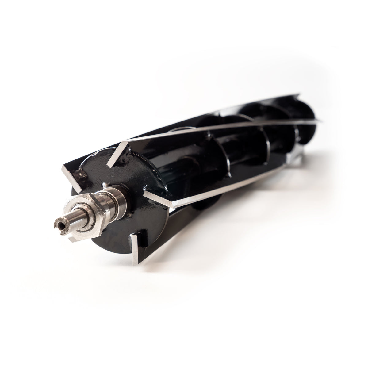Black nitrided helix blade reel with nuts and mounting shaft, angled close-up