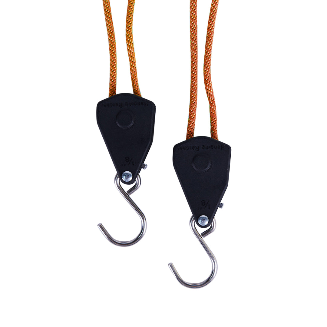 Orange braided hanging cords with black hook clips