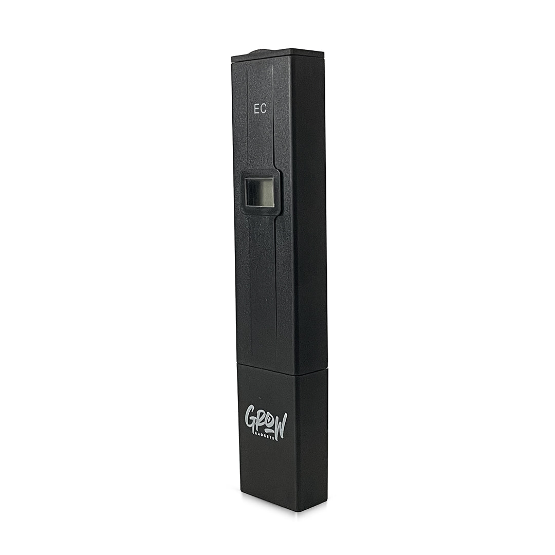 Black EC meter with EC button area and Grow logo on lower panel