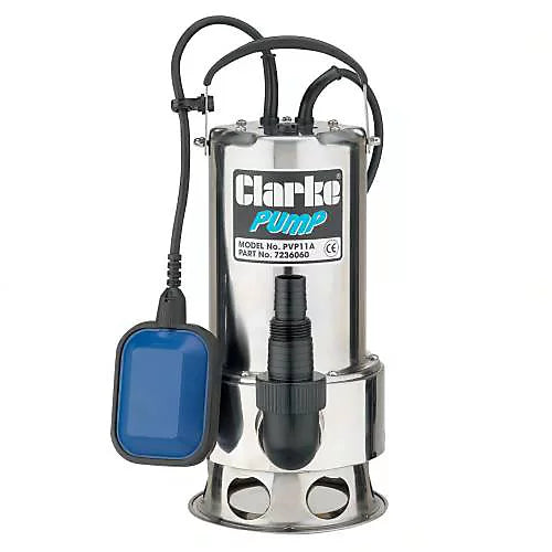 Stainless steel submersible water pump with blue float switch and black discharge pipe