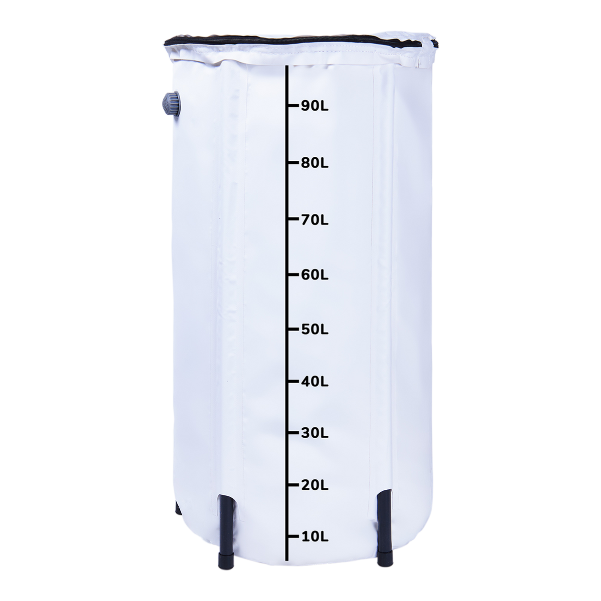 White collapsible water tank with 10L–90L level markings and two black outlet valves