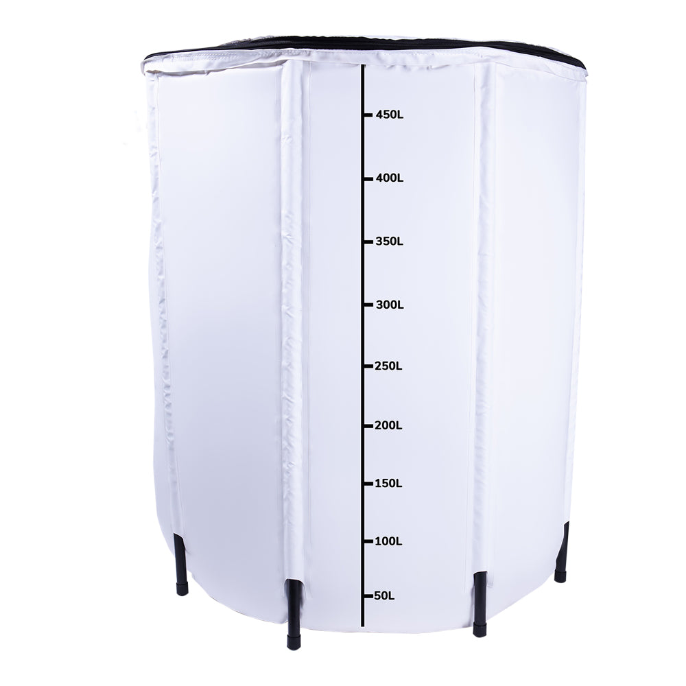 White collapsible water tank with 50L–450L level markings and two bottom outlet legs