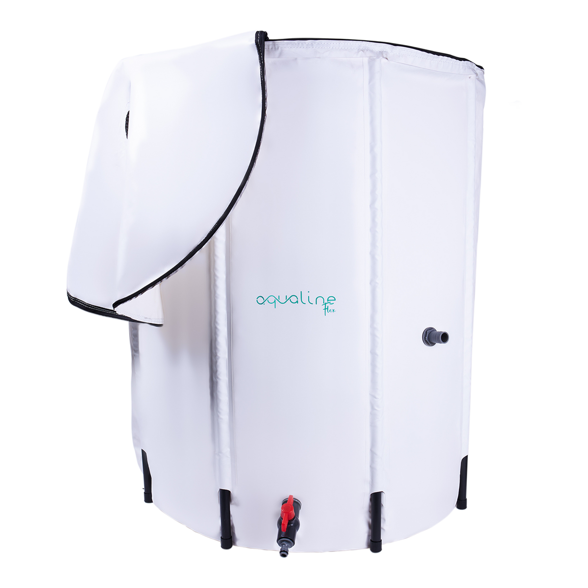 White collapsible water tank with blue logo, side panel, and red valve near bottom