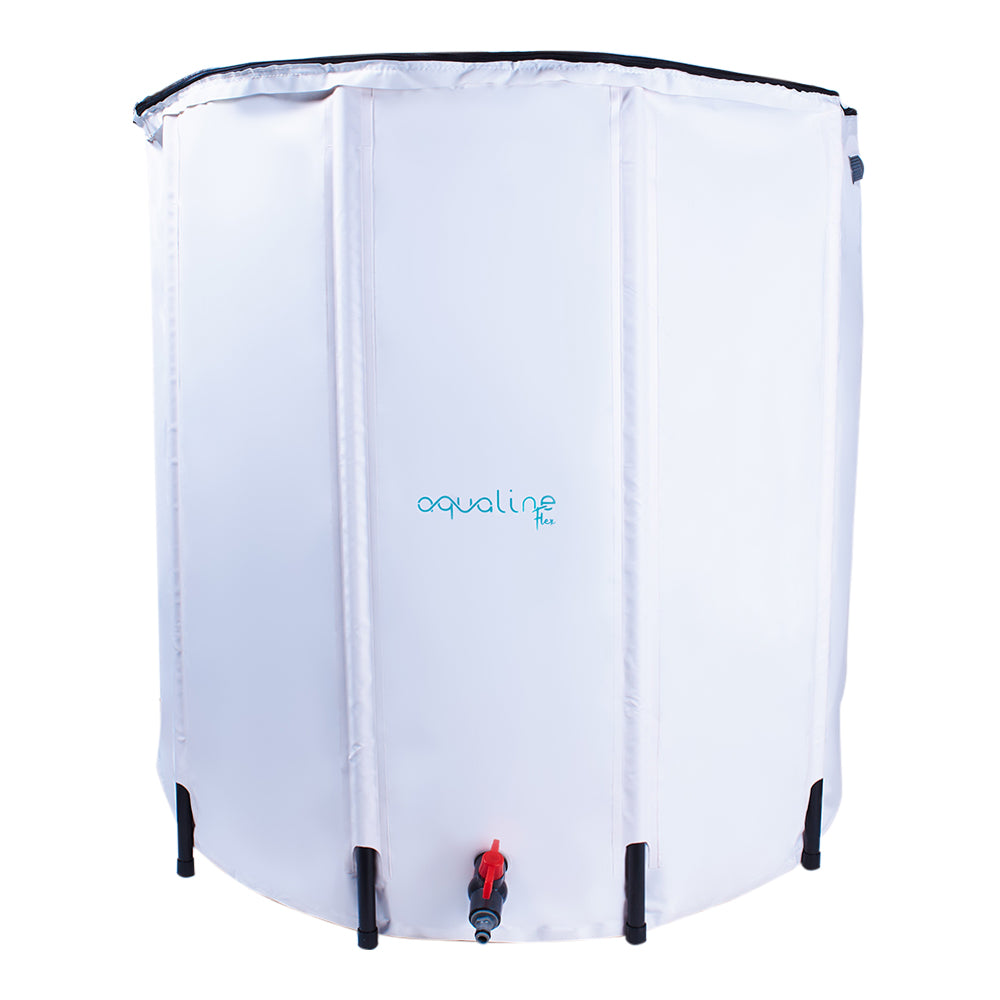 White collapsible water tank with blue logo and two bottom hose spigots