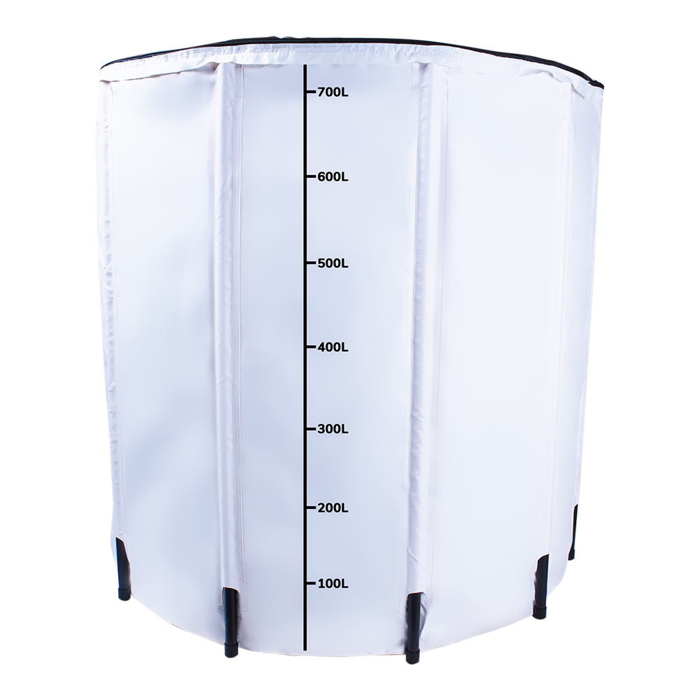 White collapsible water tank with 100L–700L level markings and black securing straps