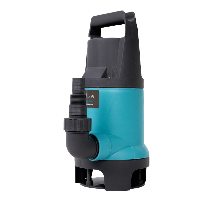 Submersible water pump with teal body, black top handle, and threaded outlet adapter
