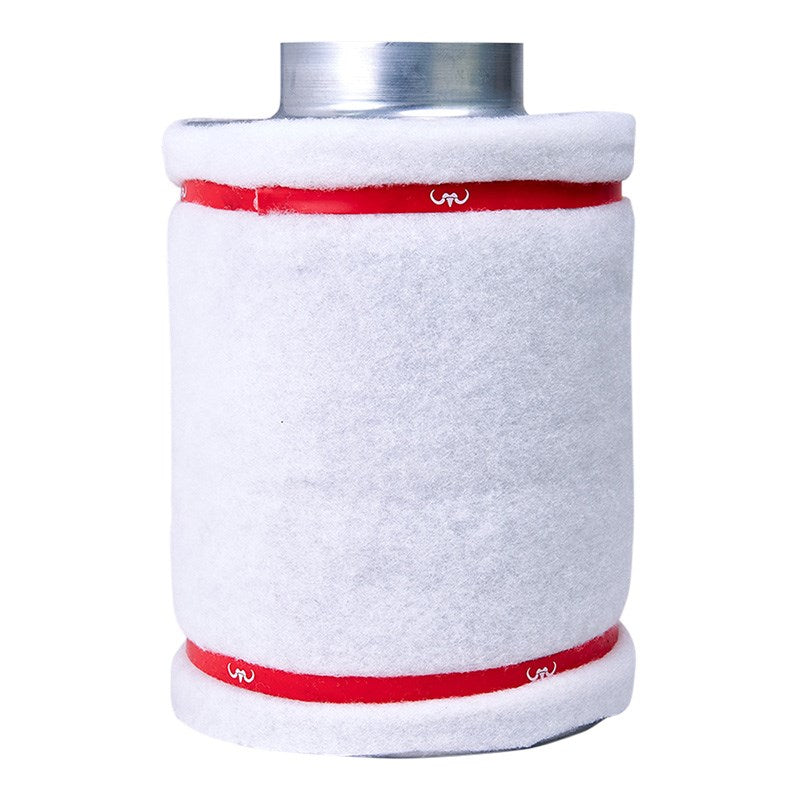 Cylindrical air filter canister with red sealing bands and silver metal top