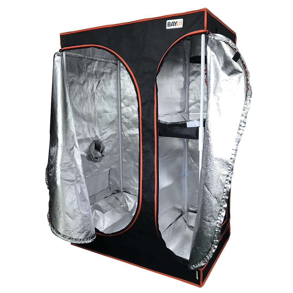 Bay6 multi-chamber grow tent kit, side view of black tent with orange piping and reflective walls