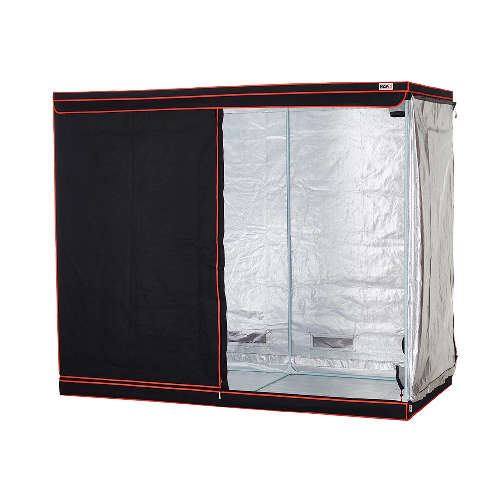 LED grow tent kit with black and red frame and clear window panels
