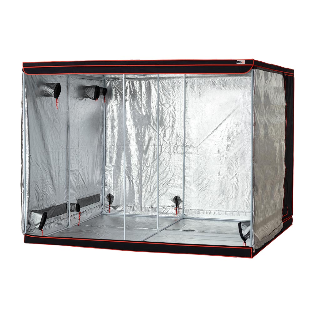 Reflective grow tent with red trim and black frame, open front panels