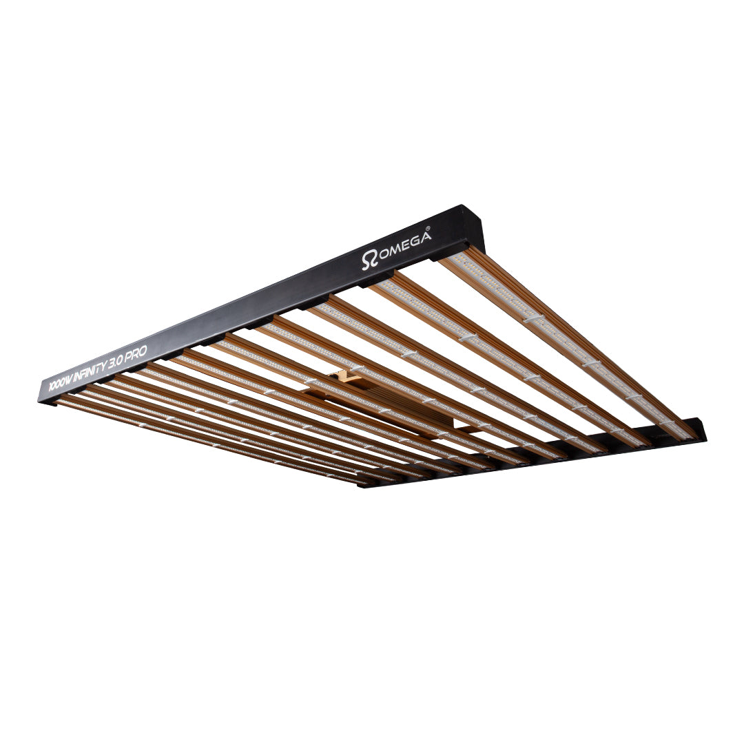LED grow light fixture with black frame and orange LED strips, angled overhead view