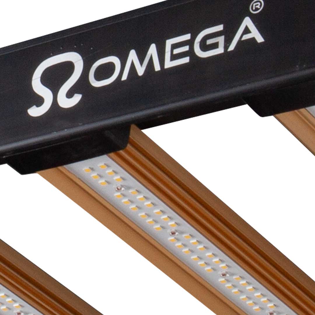 LED grow light end bar with OMEGA logo above orange LED strips