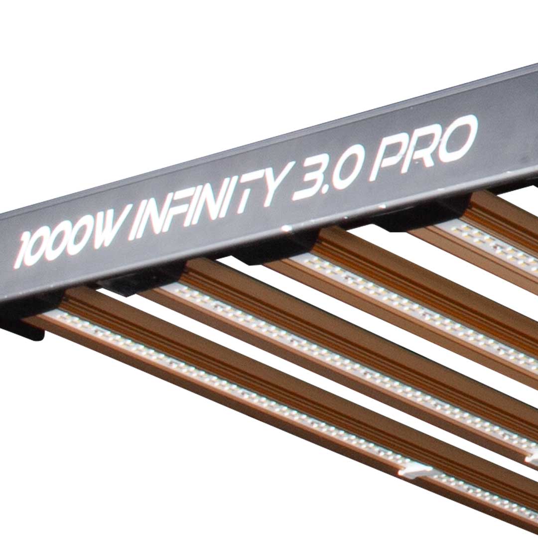 LED grow light end bar with “INFINITY 3.0 PRO” text above orange LED strips