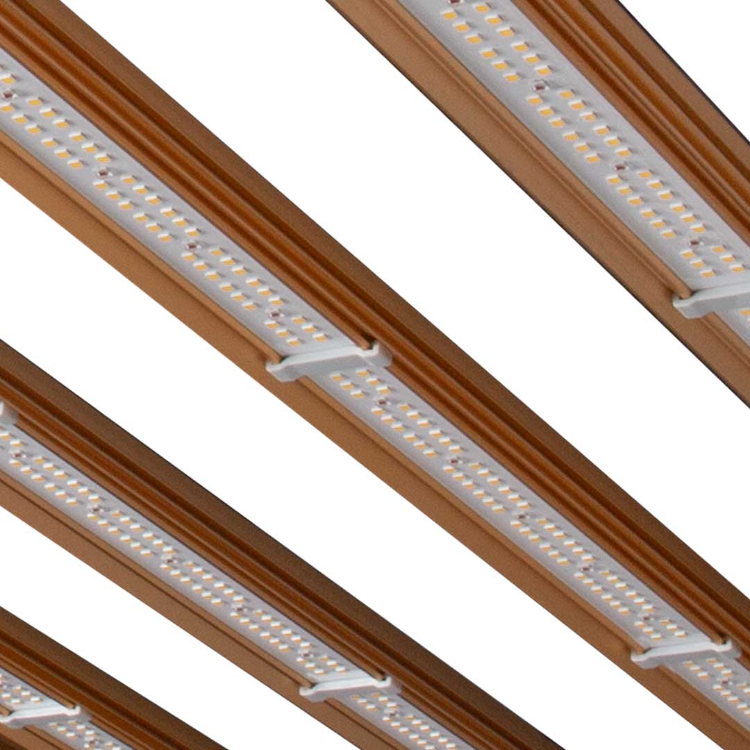 LED grow light detail showing multiple orange LED strips with rows of white diodes
