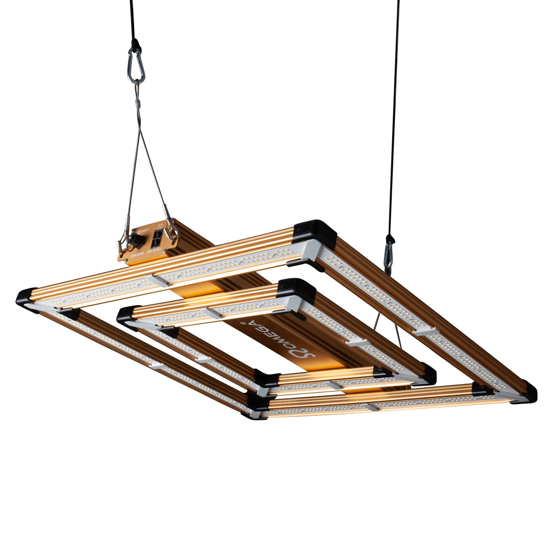 Hanging LED grow light fixture with copper frame and multiple LED light bars