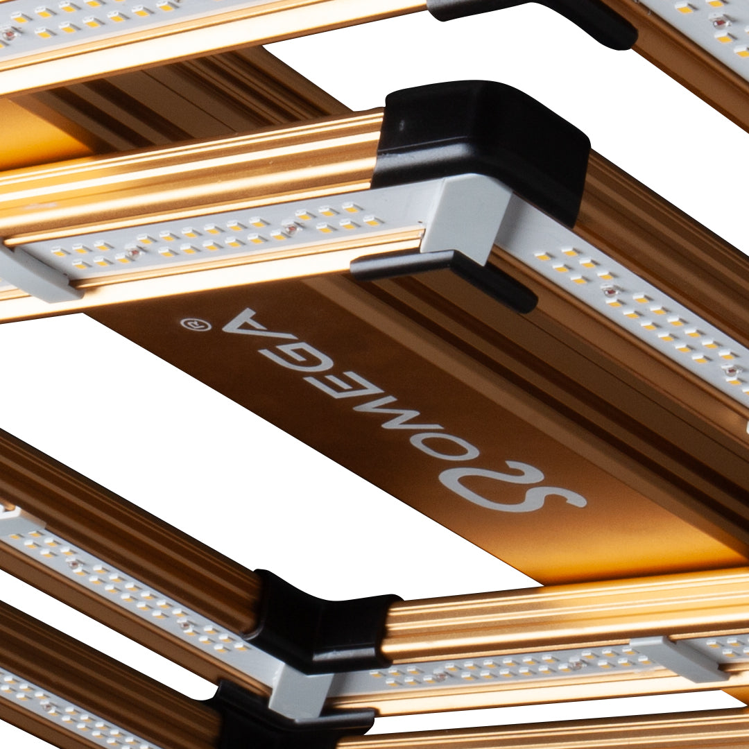 Close-up of suspended LED grow light with aluminum channels and side mounting handles