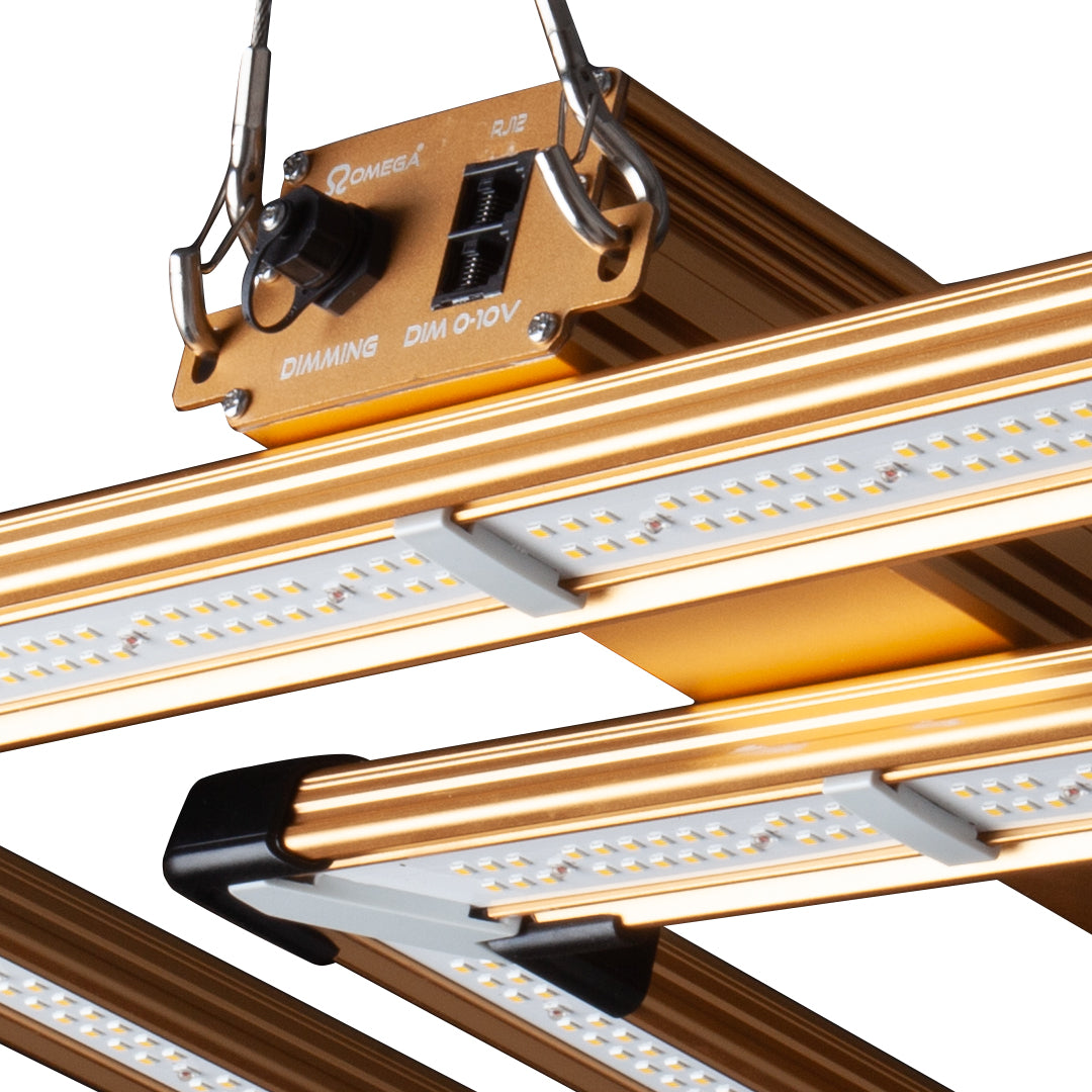 LED grow light with visible driver module labeled Omega and dimming range markings