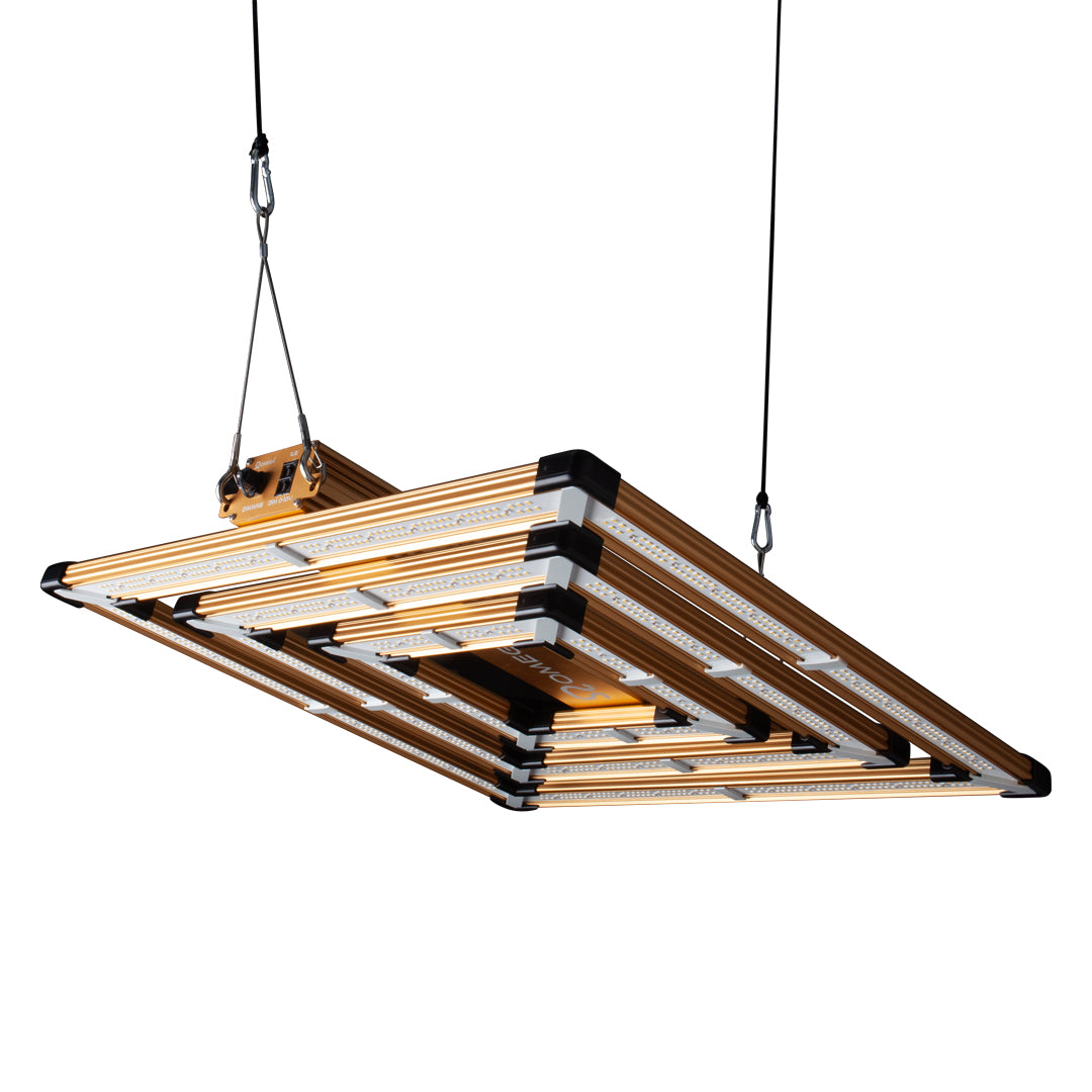 LED grow light fixture with brown frame, white LED panels, and hanging cables