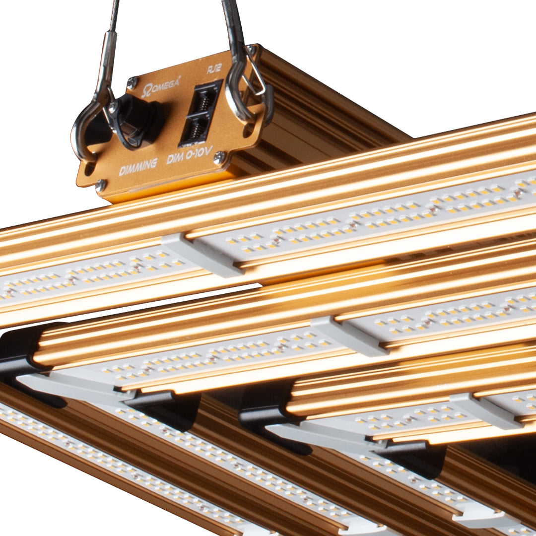 LED grow light with hanging bracket and label on brown metal housing