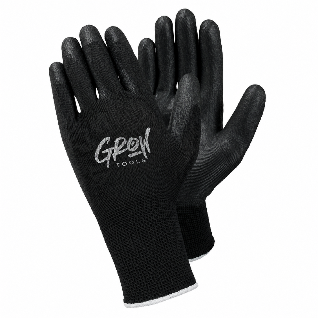 Black PU handling glove with textured grip palm and Grow Tools logo