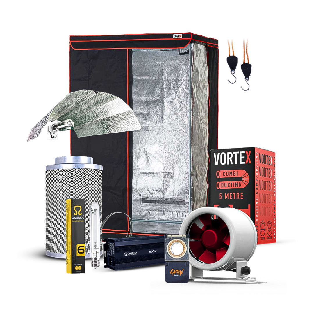 Grow tent kit set with fan, ducts, filter, and control unit