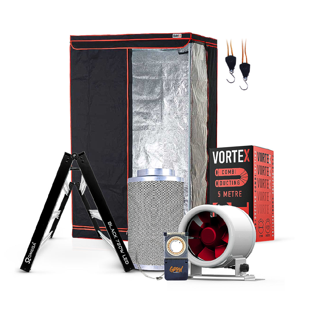 Grow tent with reflective lining, duct fan, control unit, and boxed supplies