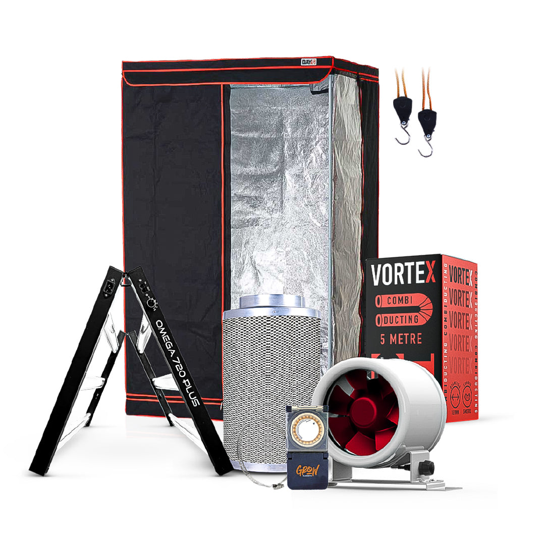 Black grow tent with silver lining, inline duct fan, controller, cables and filter box