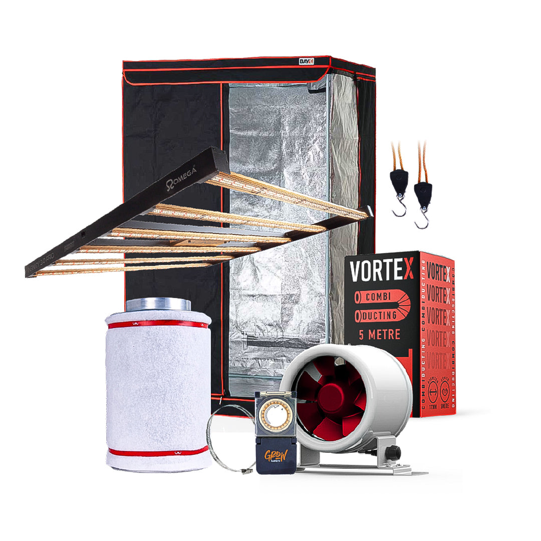 Grow light tent kit with reflective duct tunnel, inline fan, filter canister, and cables