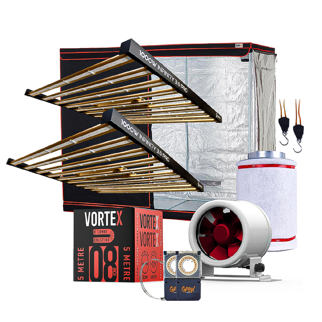 LED grow tent kit with reflective tent, inline fan, light kits, cables, and controller