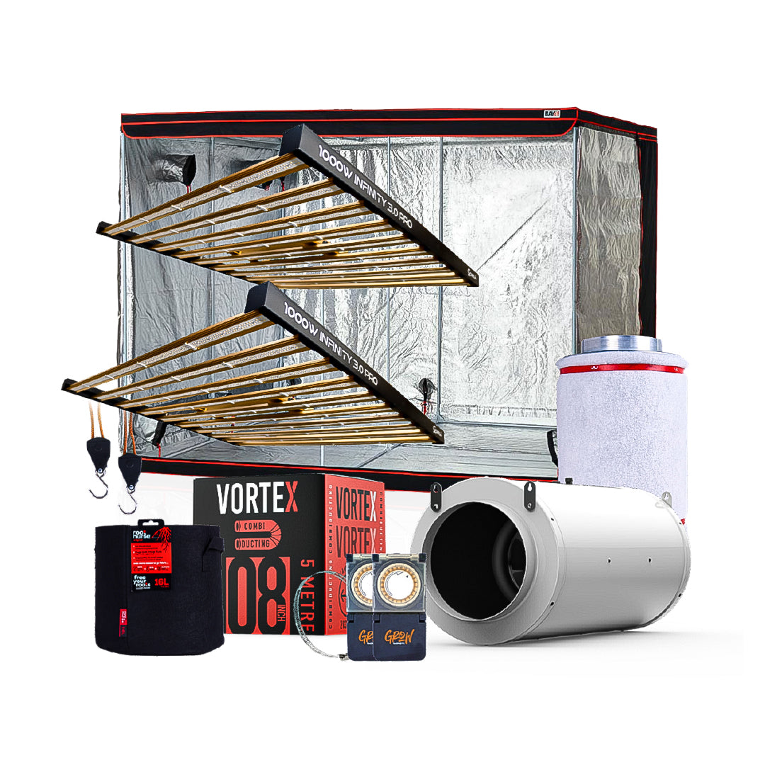 Grow tent LED kit with fan unit, hanging light bars, and control boxes