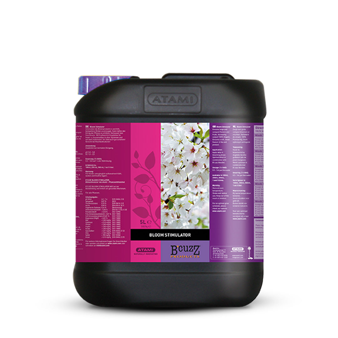 Atami B'cuzz Bloom Stimulator 5L jug, black with purple cap and magenta label