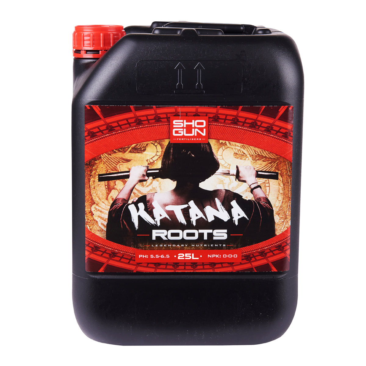 Black plastic katana roots jug with red cap, carry handle, front label, 25L