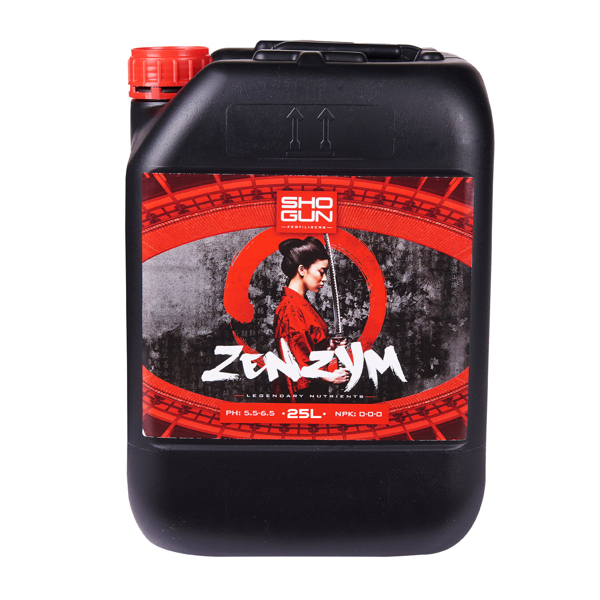 Black 2.5L hair care jug with red cap and handle, red circular label and logo