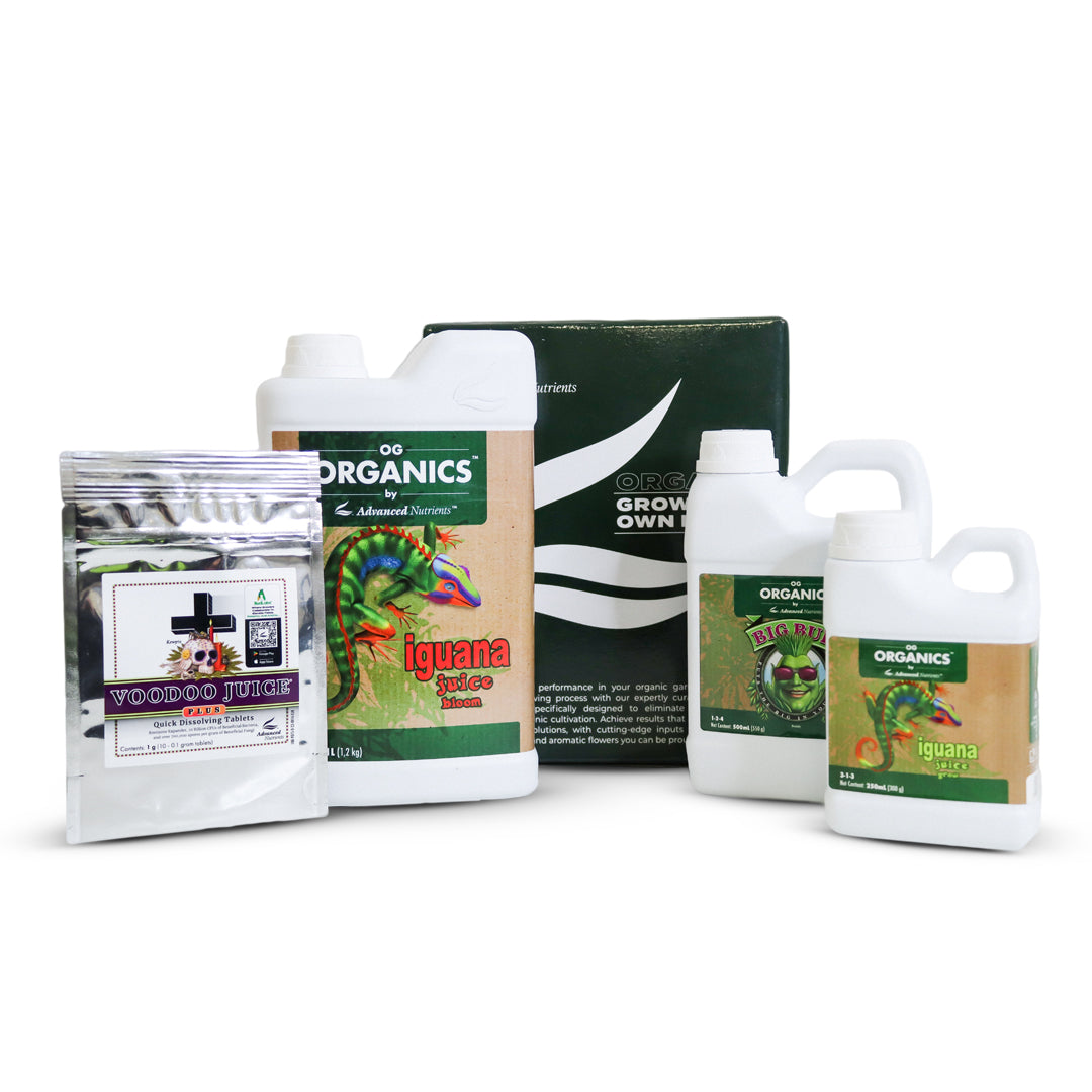 Organic grow-your-own nutrient kit with bottles and sealed pouches