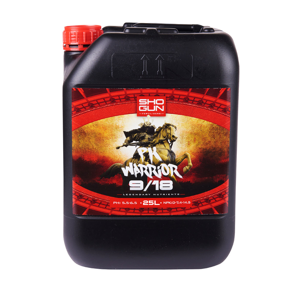 Shogun PK Warrior 9/18 fuel container front view, black jug with red cap, 10L