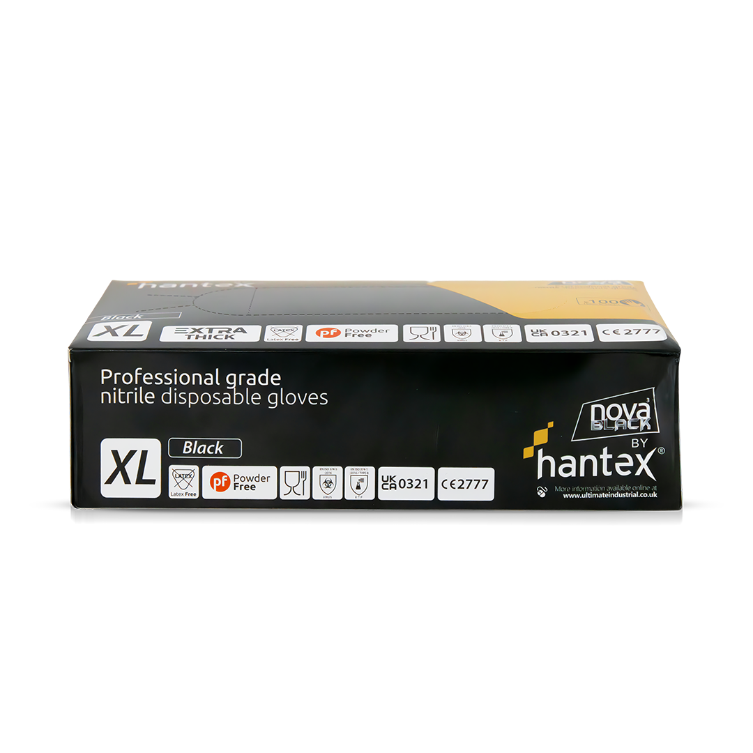hanTEX Nova Black nitrile disposable glove box, size XL, side panel view