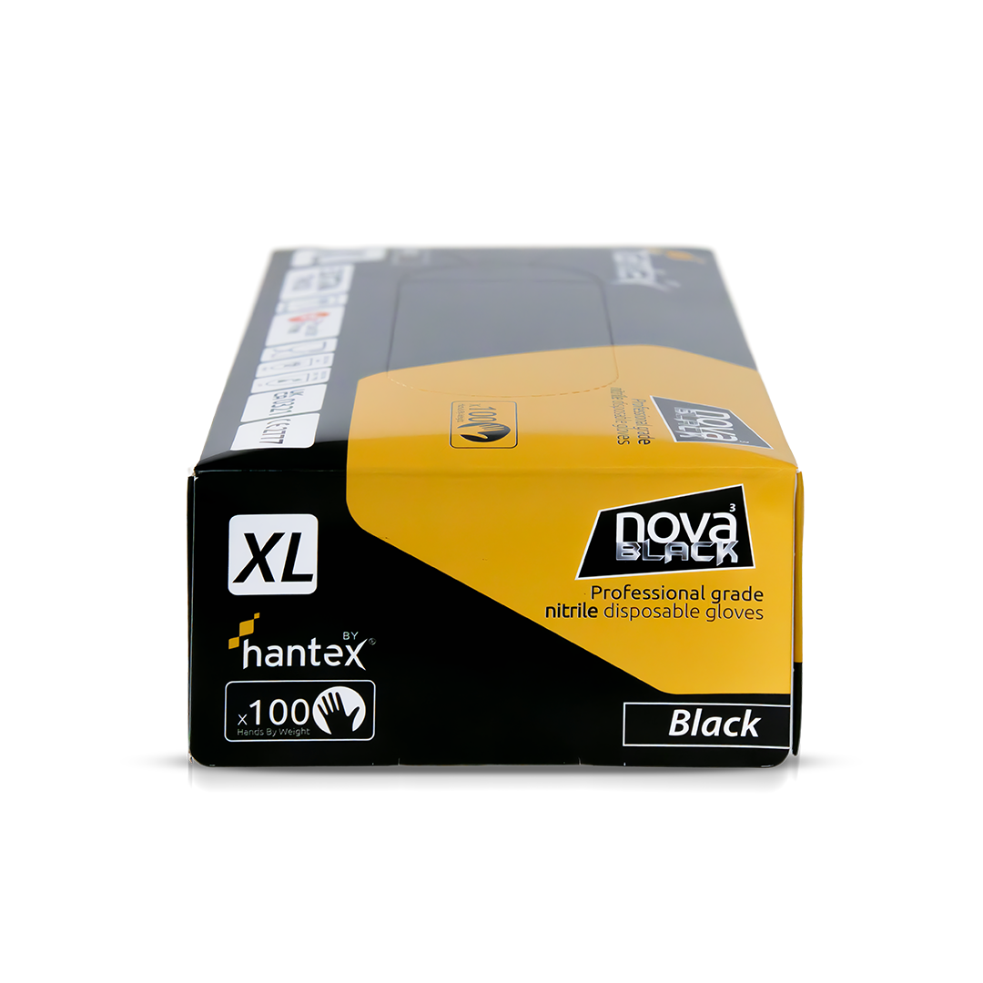hanTEX Nova Black nitrile disposable glove box, size XL, front-left view